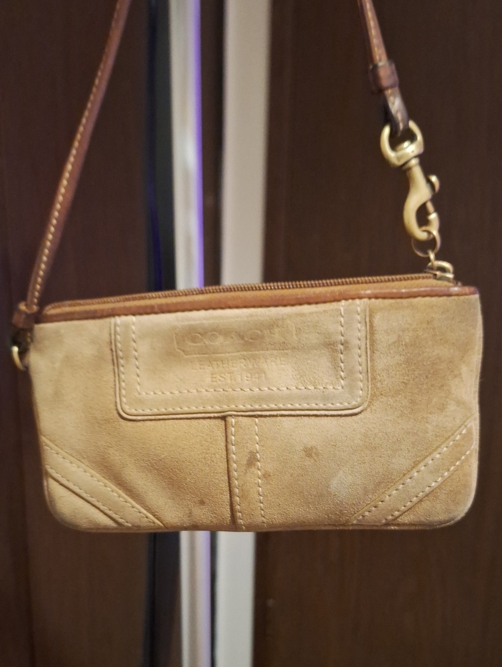 Coach Suede Wristlet in Light Tan with Brown Trim